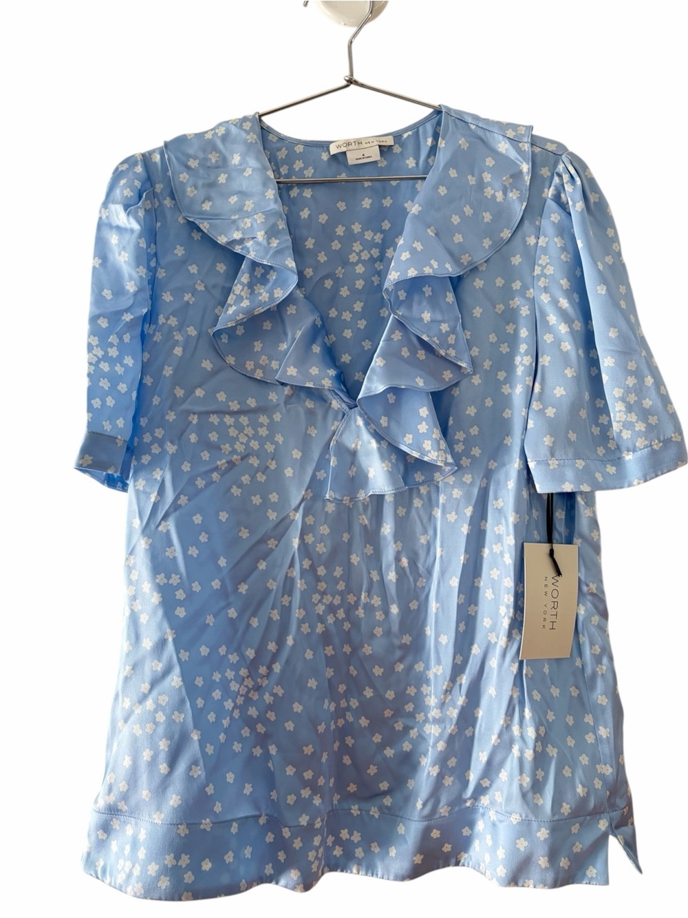 WORTH by New York NWT silk Blue Floral Ruffle-Trim Women's Blouse